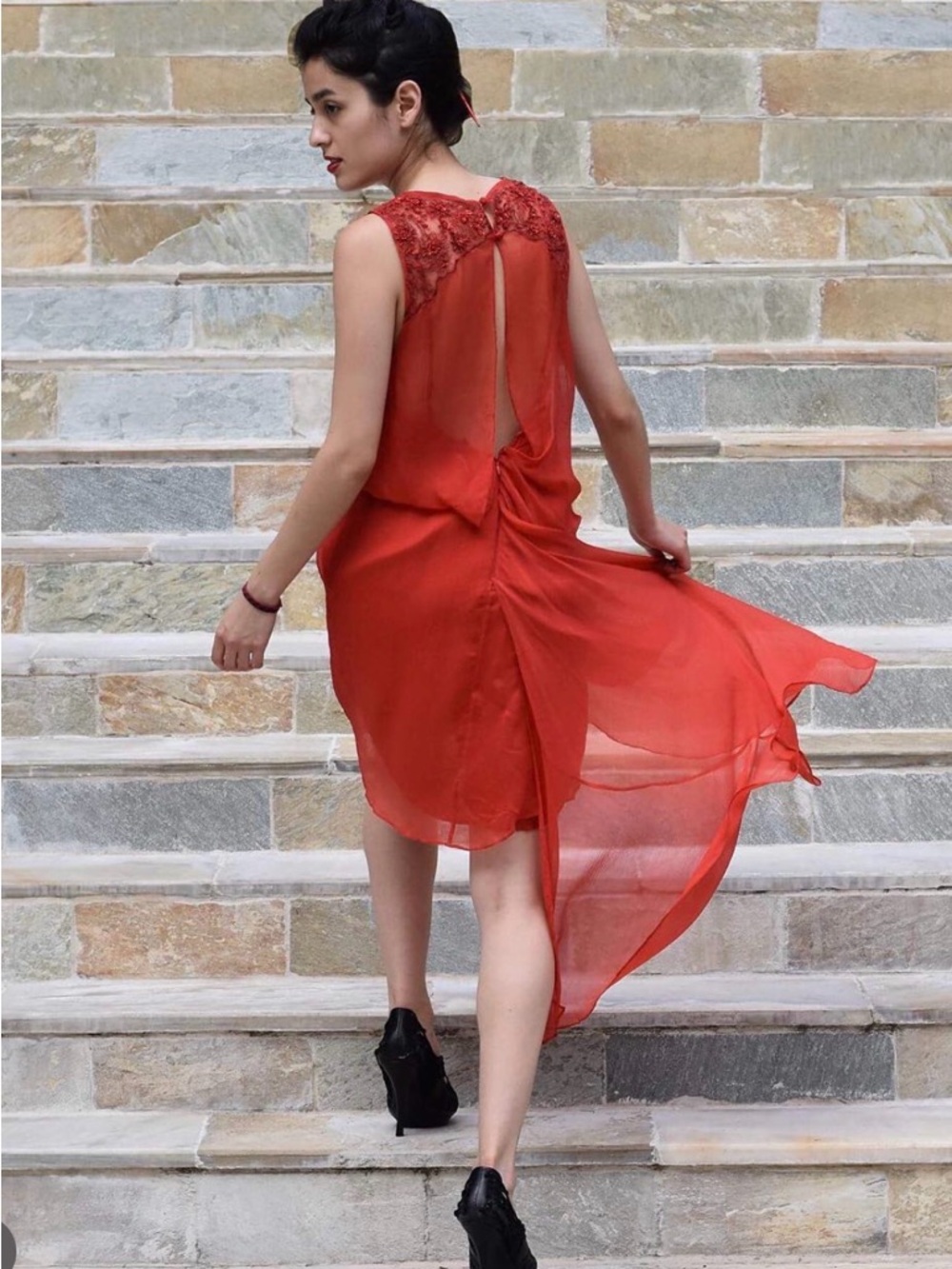 Free People Women's Red Sleeveless Chiffon Dress with Open Back